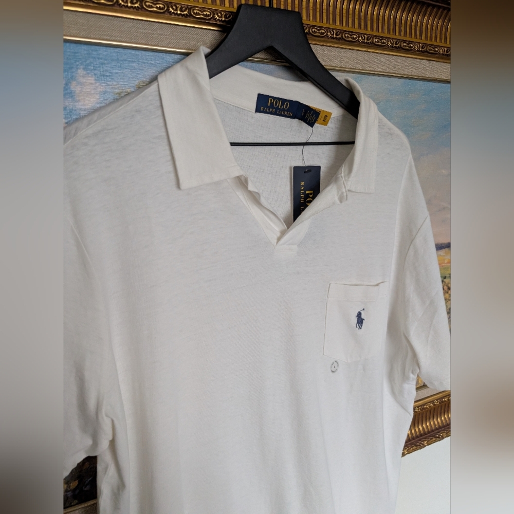 Ralph Lauren White Johnny Collar Polo with Navy Pony Logo
